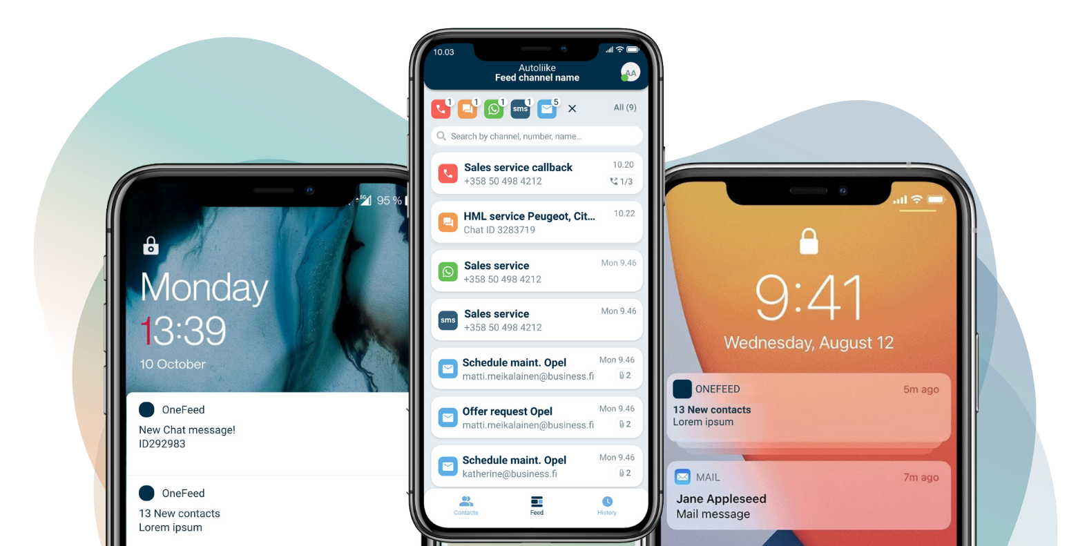 OneFeed™ – Monikanavainen asiakasviestintä yhdessä feedissä 1 onefeed mockup three phones